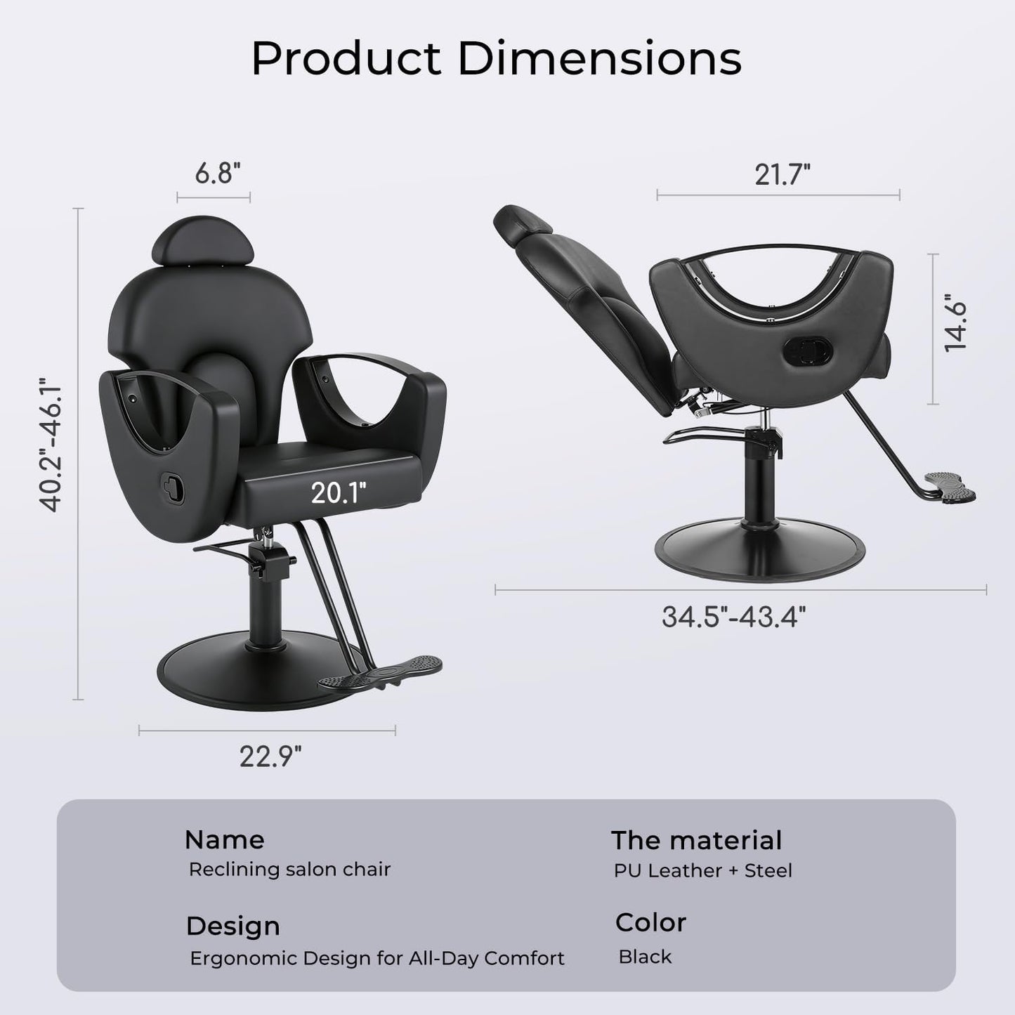 Reclining Salon Barber Chair - 360° Swivel, Adjustable Height, Heavy Duty Hydraulic | Matte Black