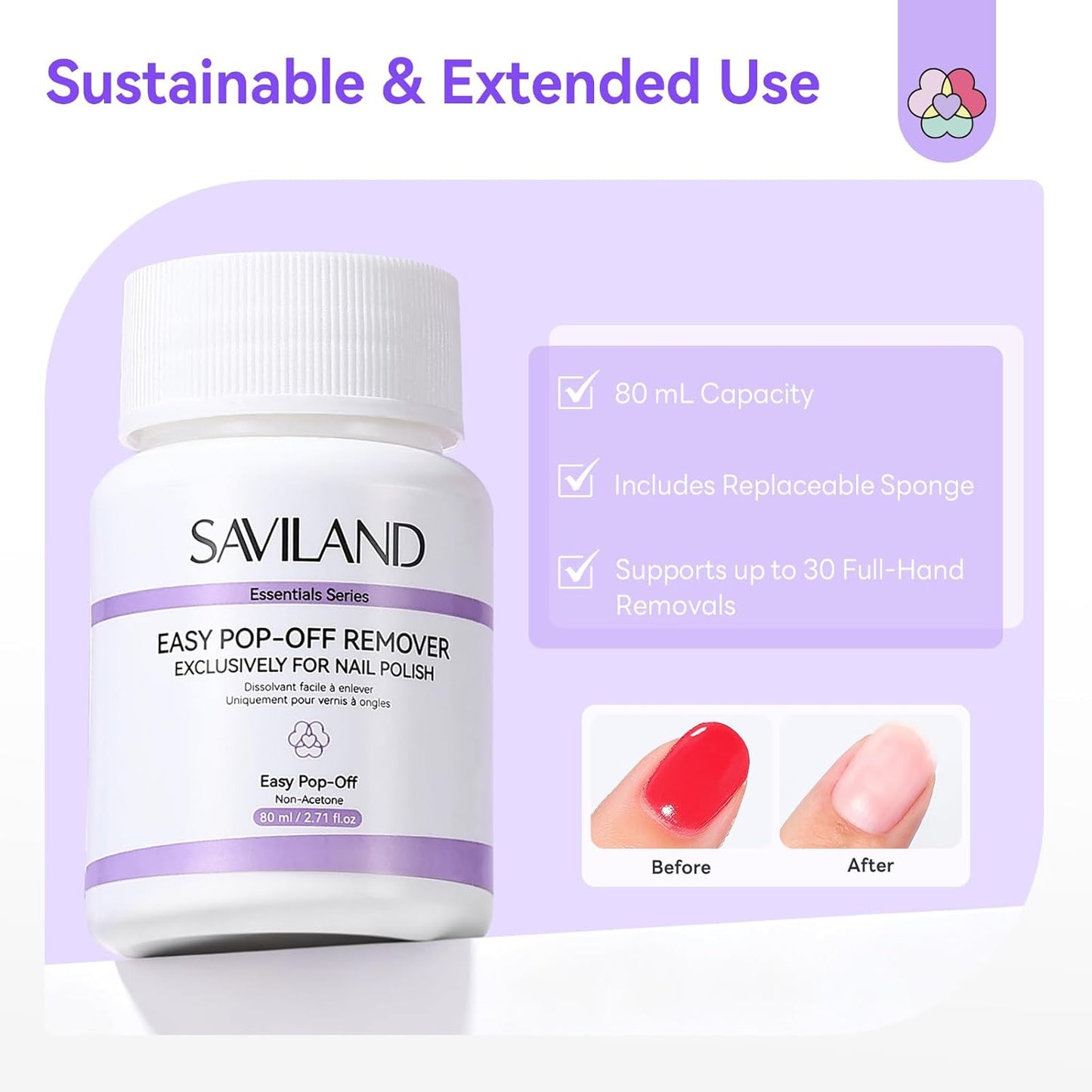 SAVILAND Non-Acetone Nail Polish Remover Pot - Quick & Easy Gentle Removal for Regular Polish | 80 ML