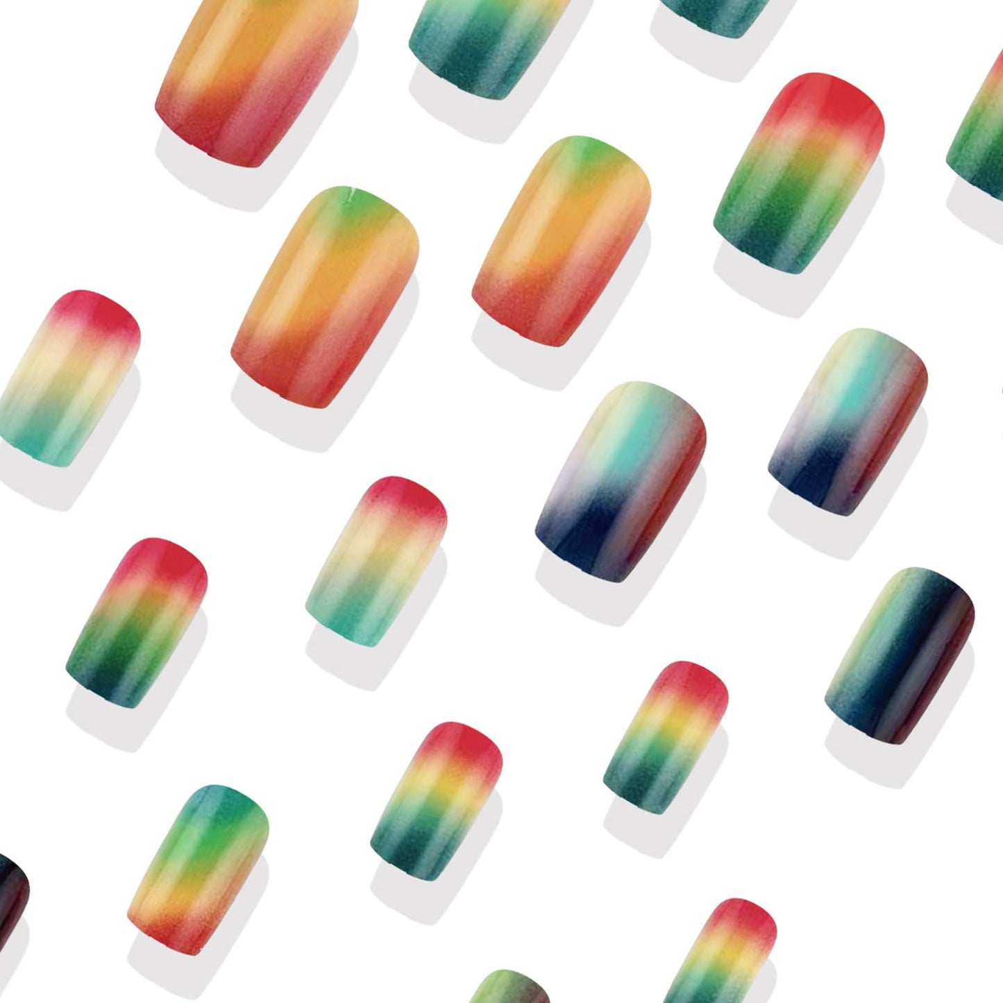 Ombre Press on Nails Colorful Gradient Smudge Fake Nails Medium Square False Nails Glossy Acrylic Nails Reusable Glue on Nails Spring Summer Full Cover Stick on Nails for Women 24Pcs