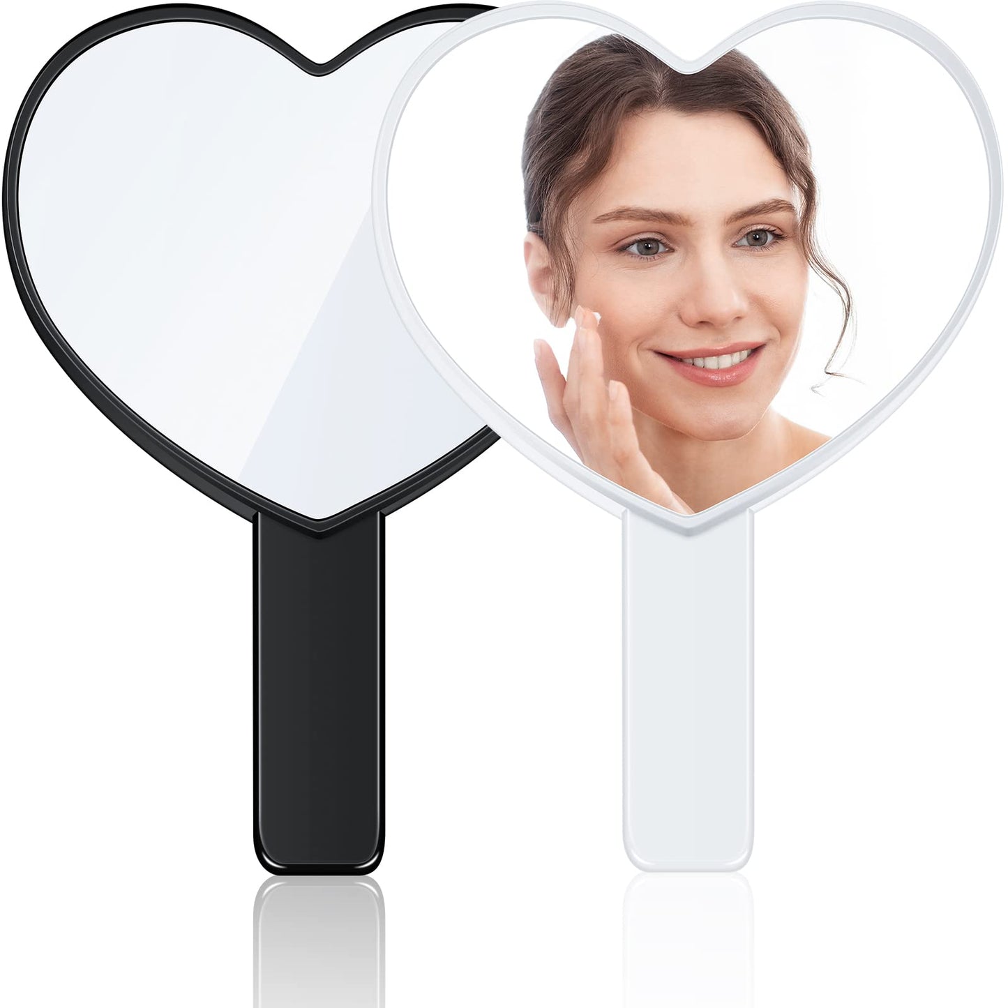 Jetec 2 Pieces Heart Shaped Handheld Cosmetic Mirrors Plastic Mini Cute Travel Makeup Mirrors with Handle Valentine's Day Small Heart Decorative for Girl Women(Black, White)