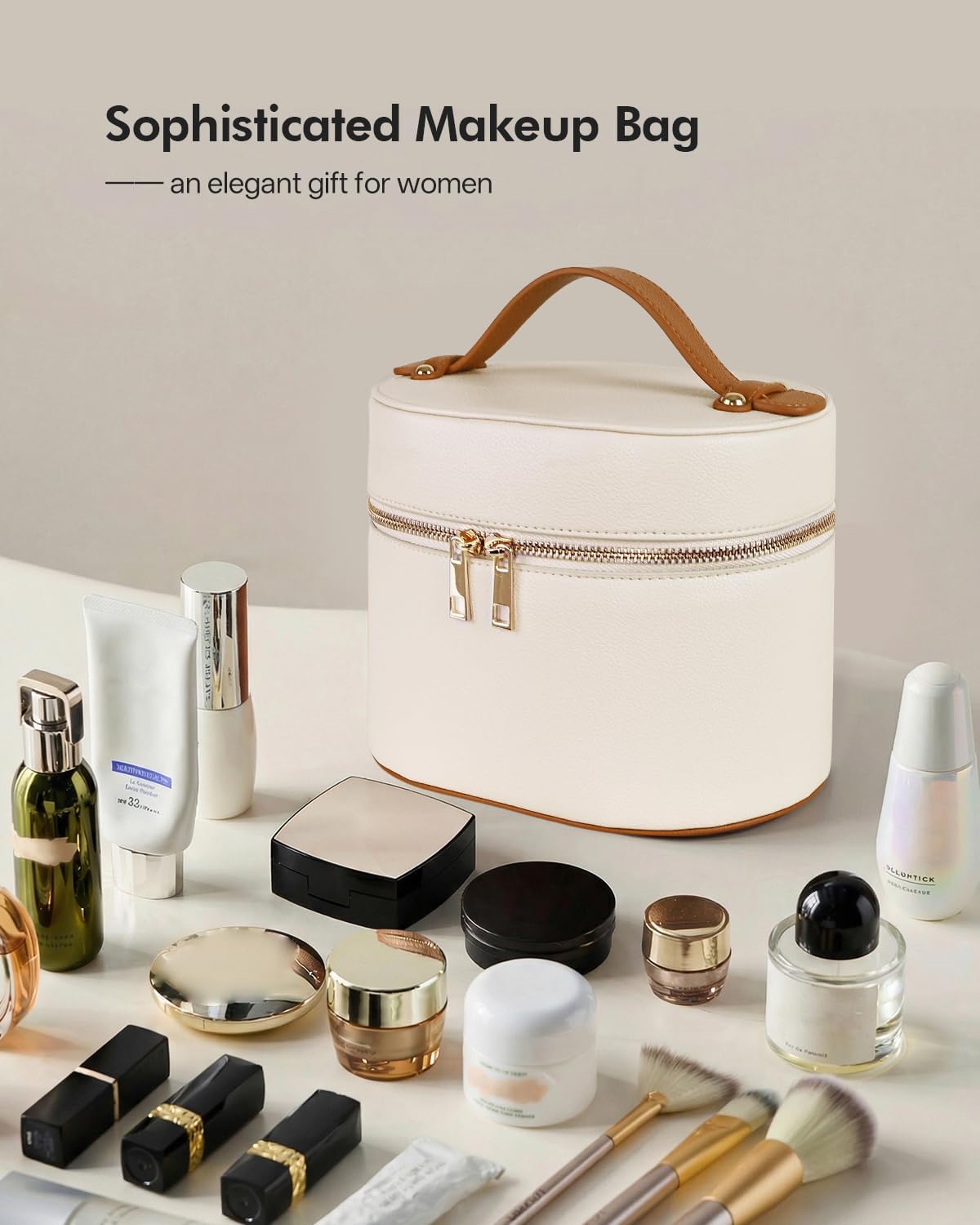 Makeup Bag Set - 2 Pcs Travel Cosmetic Case with Waterproof Clear Pouch & Removable Divider | Vegan Leather Organizer for Women
