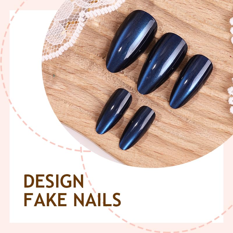 Dark Blue Almond Press On Nails - 24 Pcs Pearl Shimmer French Fake Nails