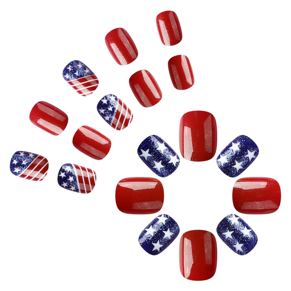 4th of July Press on Nails Short Square Fake Nails Patriotic Nails Press ons with American Flag Stars & Stripes Design,Reusable Artificial Nails,24Pcs Nail Kit for Women Independence Day Manicure