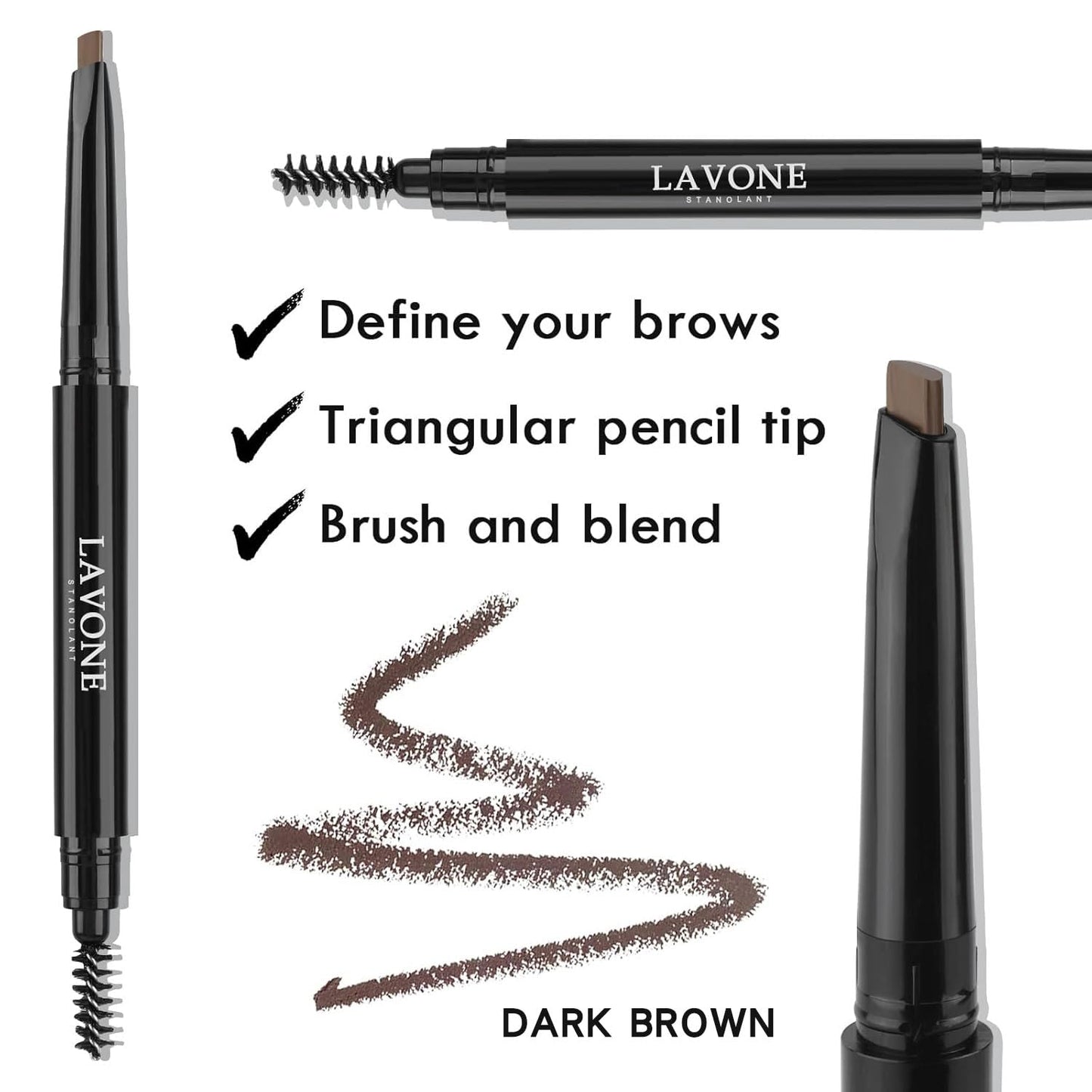 LAVONE Makeup Kit - Waterproof Eyebrow Stamp Pencil & Pomade, Dual-Ended Brush | Dark Brown