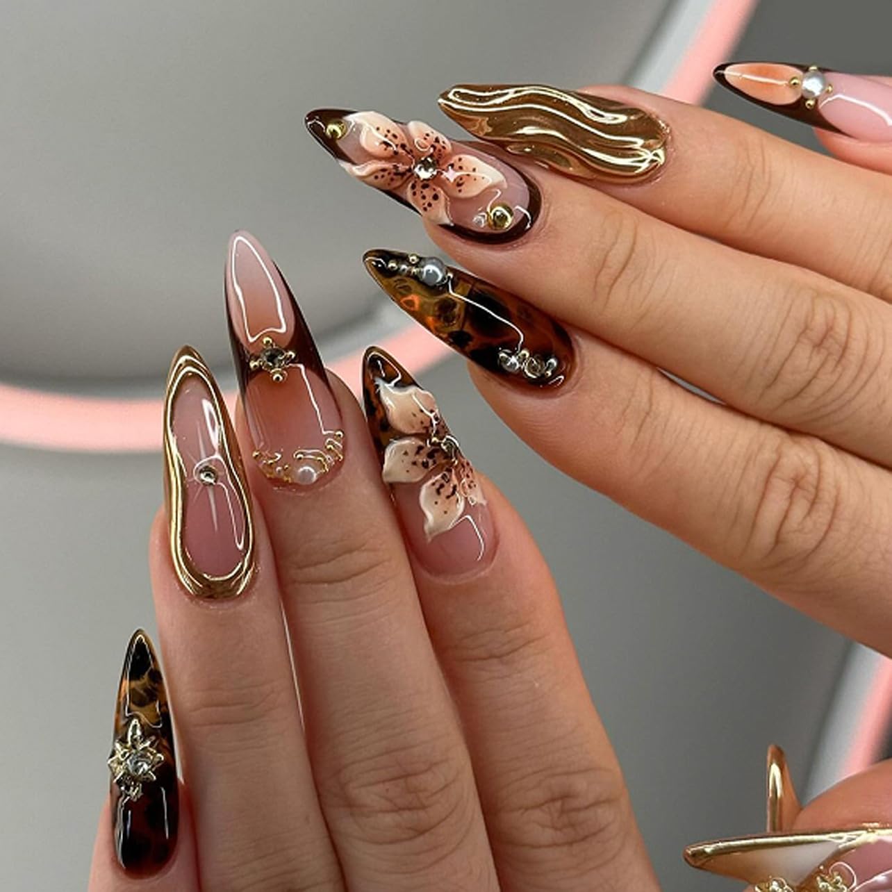 3D Gold Line French Tip Press-On Nails - Short Almond Glitter Light Nude | Handmade Acrylic Nails with 3D Pearl Designs