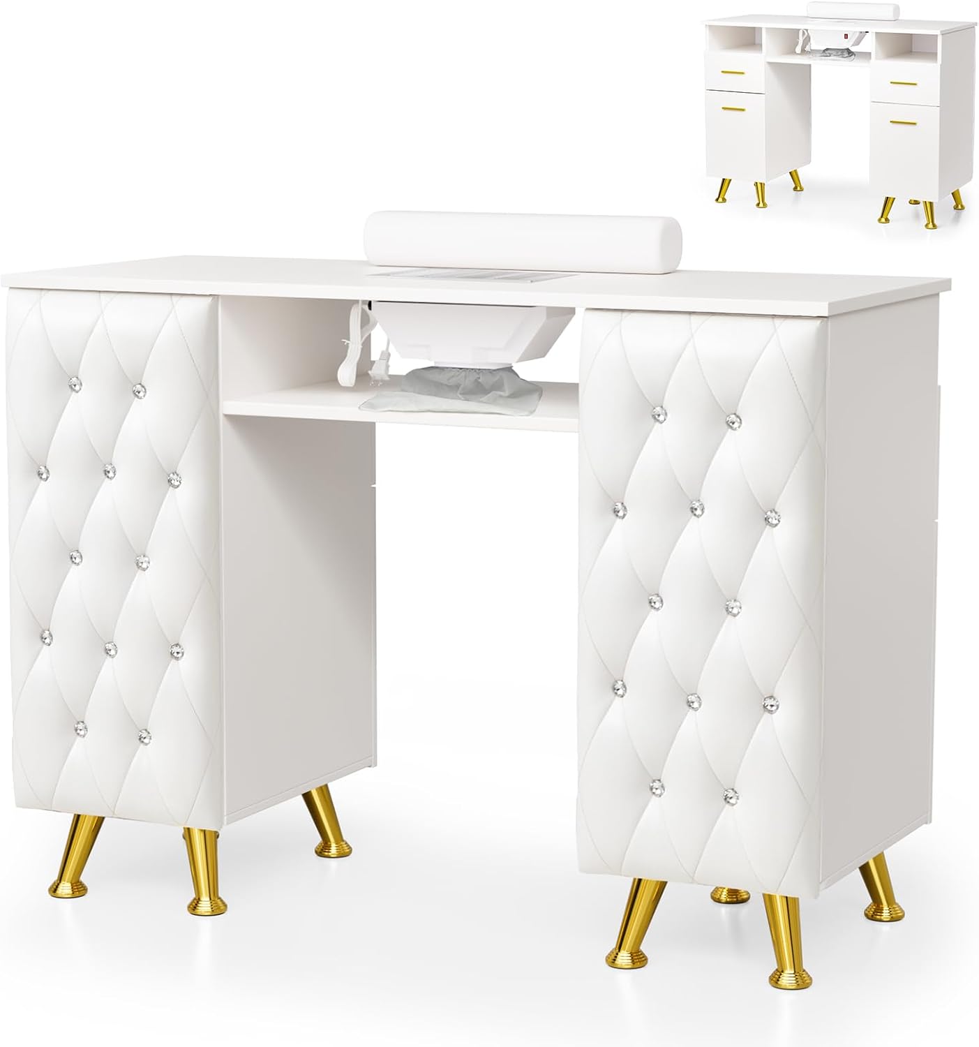 OmySalon Manicure Table - Nail Desk with Dust Collector & Storage | Acetone Resistant, White