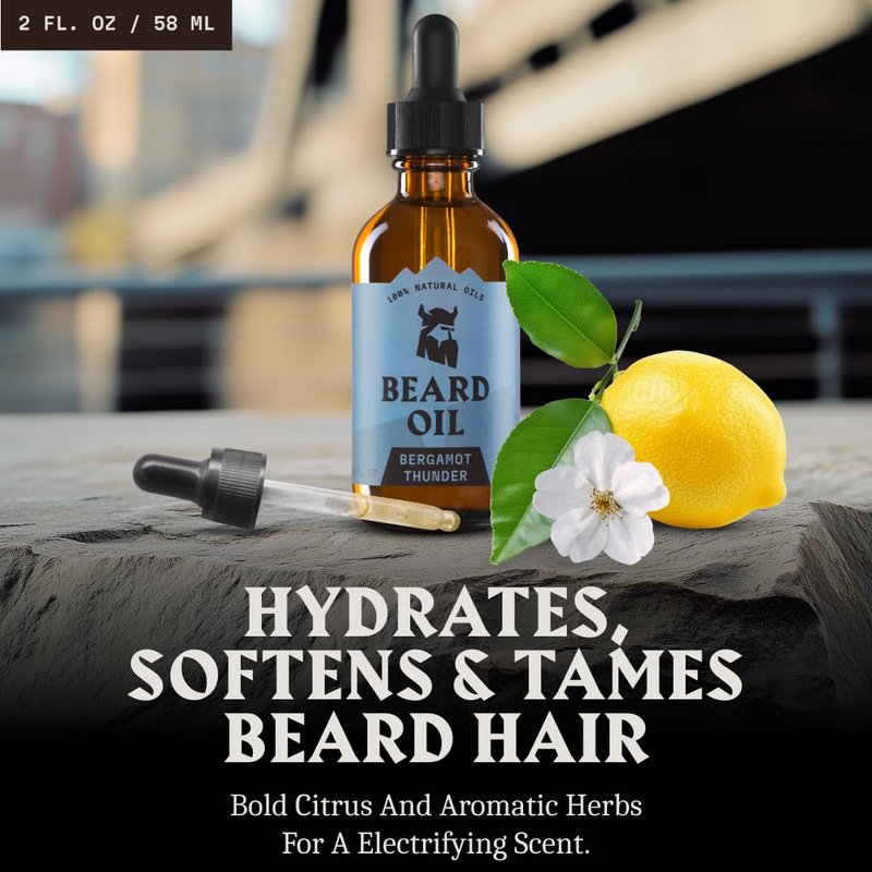 Striking Viking Beard Oil for Men -2 Fl Oz (1 Pack), Bergamot Thunder - Naturally Derived Conditioner with Almond, Tea Tree, Argan & Jojoba Oil for Beard Growth, Softening & Moisturizing