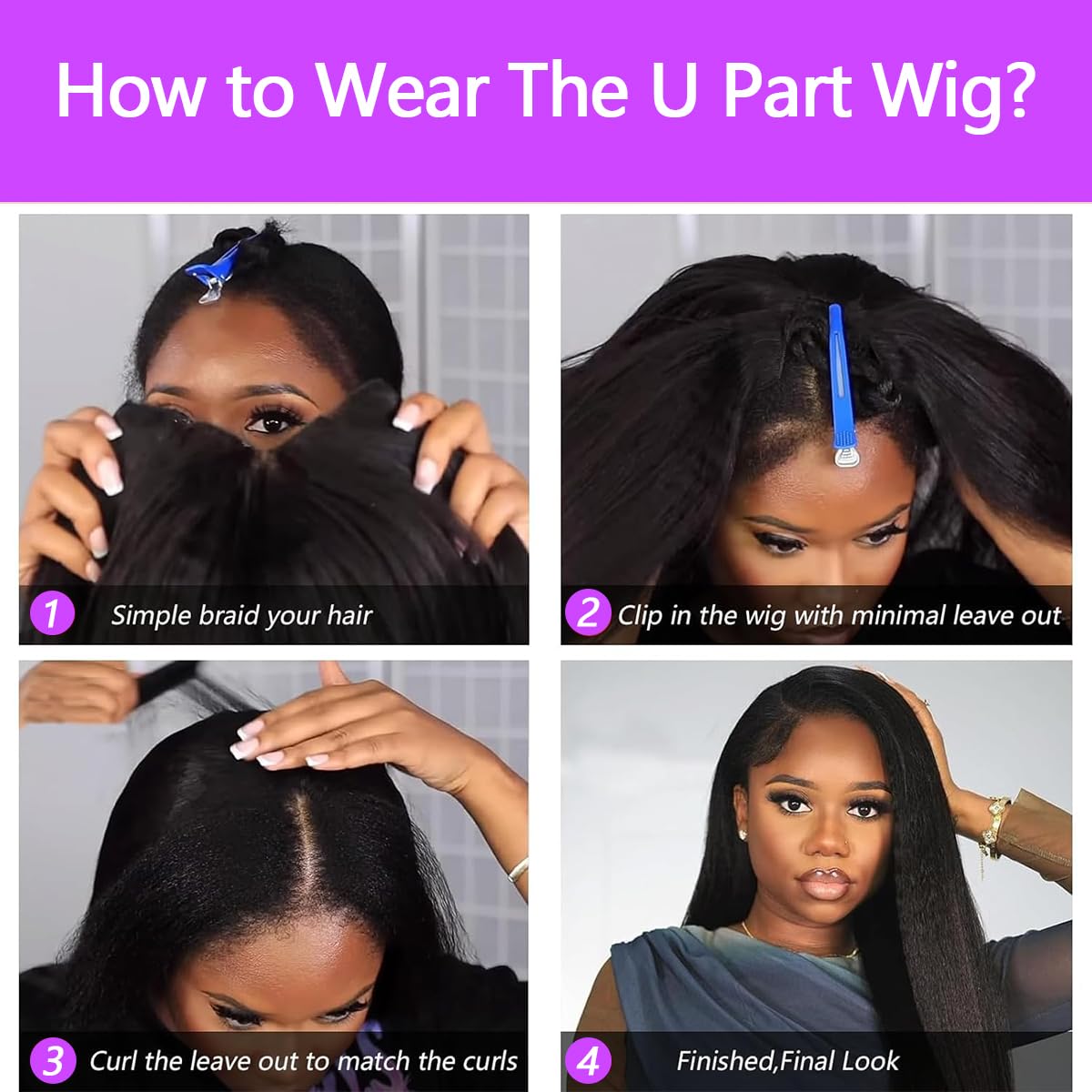 Kinky Straight U Part Wig - 20 Inch Human Hair for Black Women | Glueless, Natural Hairline, 220% Density