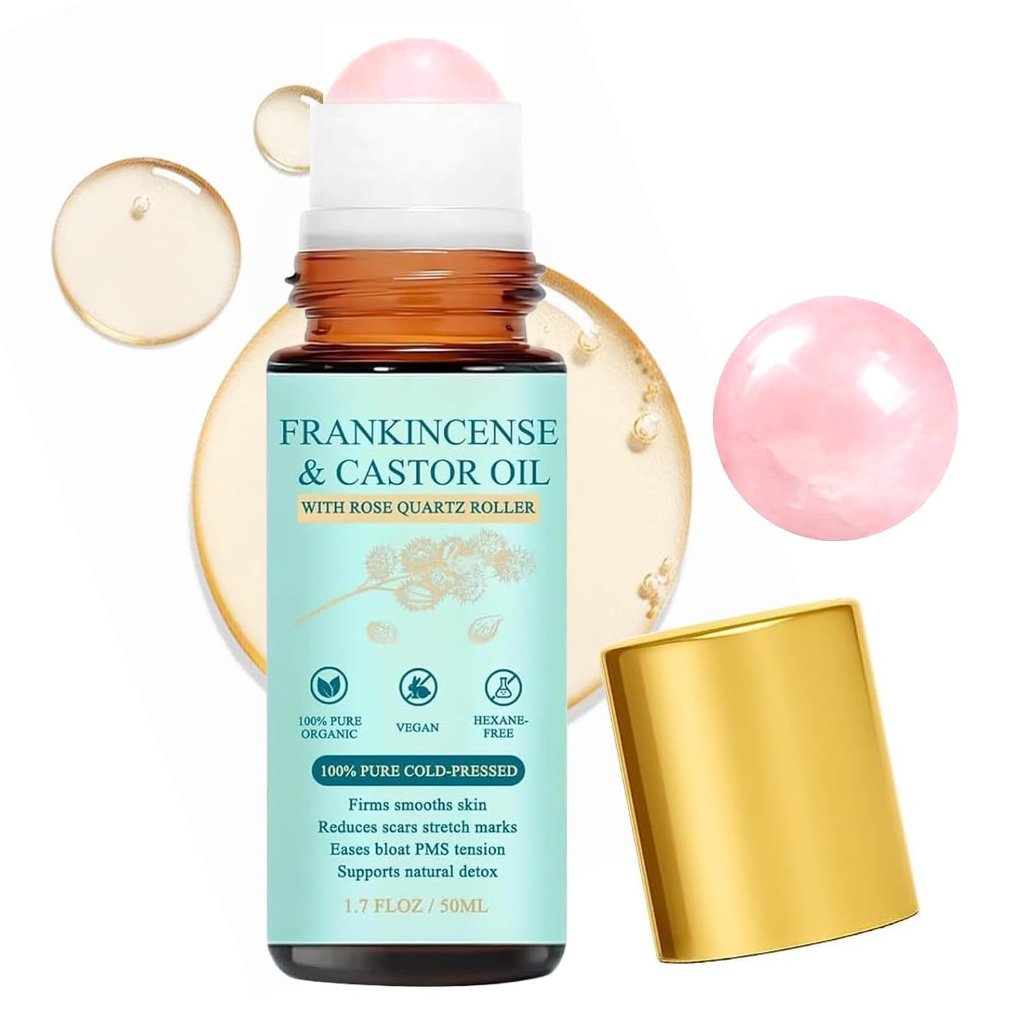 Kaminii 2026 NEW Organic Castor Oil with Rose Quartz Roller, Castor Oil Roll-100% Castor Oil Organic Cold Pressed, Hexane-Free, for Face and Body, Hair, Eyebrows, Moisturize Skin (1)