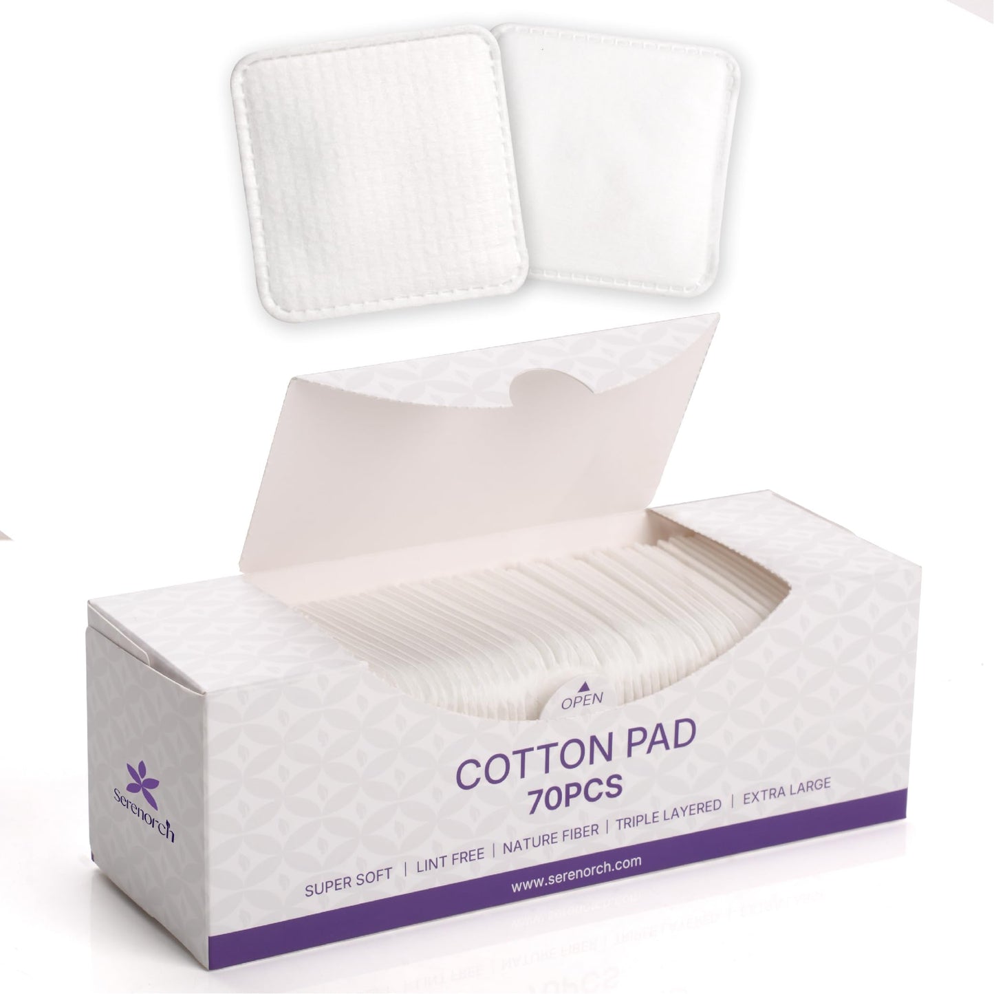 Serenorch Extra Large Cotton Pads (3x3 Inch), 70 Count 100% Cotton Squares for Toner & Makeup Removal, Lint-Free Triple-Layer, Soft & Hypoallergenic for Sensitive Skin (Oeko-TEX Certified)