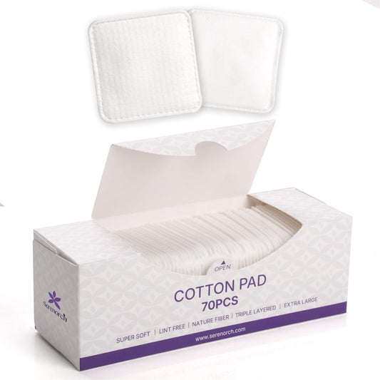 Serenorch Extra Large Cotton Pads (3x3 Inch), 70 Count 100% Cotton Squares for Toner & Makeup Removal, Lint-Free Triple-Layer, Soft & Hypoallergenic for Sensitive Skin (Oeko-TEX Certified)