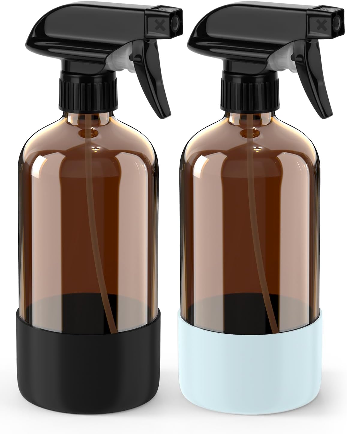 Bontip Amber Glass Spray Bottle Set - Silicone Sleeve Protection for Aromatherapy & Hair Care | 16 oz (Black & Brown)