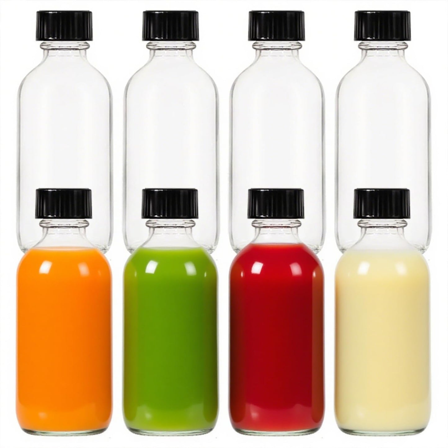 FANSTINOW 2 oz (60ml) 8 Pack Leak-Proof Clear Glass Boston Round Bottles with lids - Mini Travel Containers for Ginger Shots, Juice, Whiskey, Samples | W/Labels, Funnels & Brushes