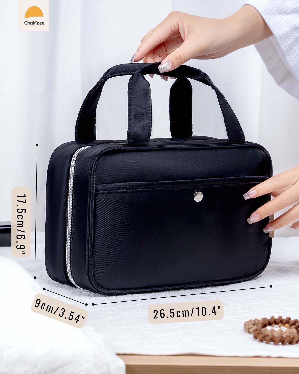 Chakipee Travel Hanging Toiletry Bag for Women - Waterproof Cosmetic Organizer with Clear Window, Lightweight Bathroom Bags for Essentials, Makeup, Shampoo, Toiletries Black, Medium