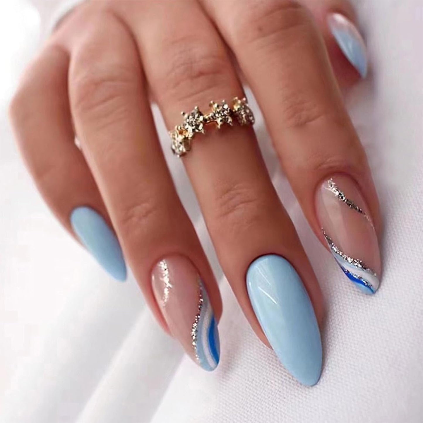 Press On Nails - Orange Almond Shape with Gold Glitter Swirl | 24 Pcs Acrylic Fake Nails for Women