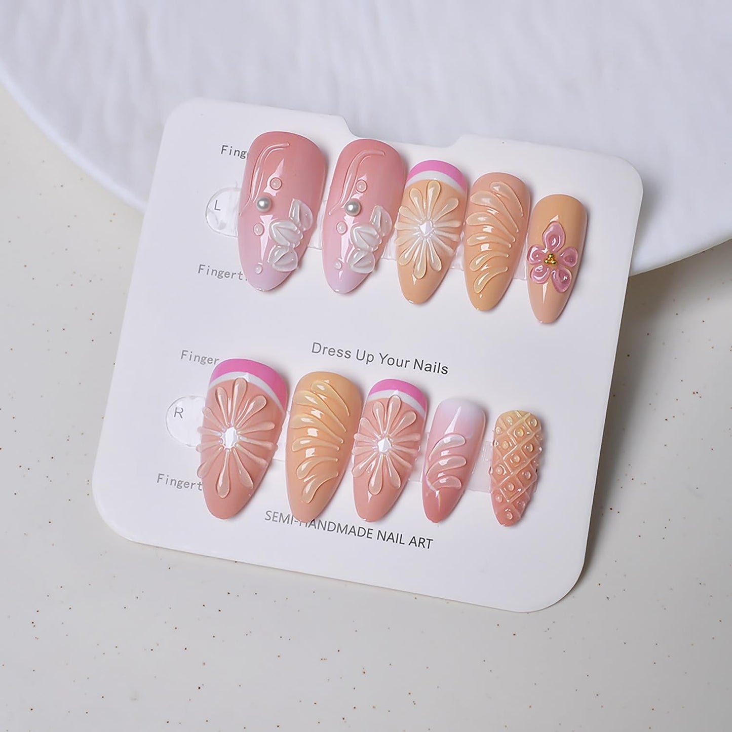24Pcs Summer Press-On Nails - Medium Almond 3D Lemon Flower Acrylic with Gold Beads | Cute Floral Full Cover