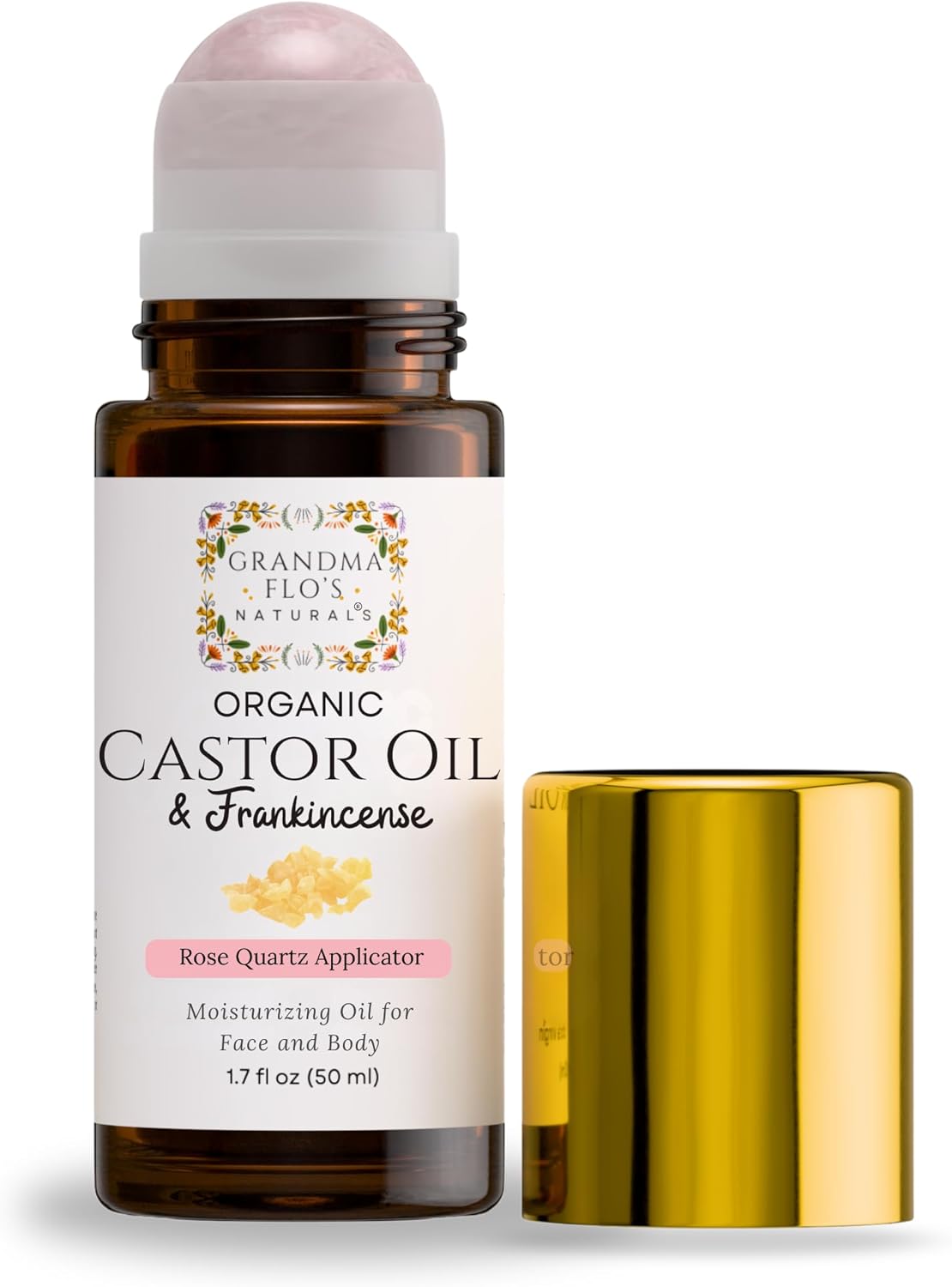 Organic Castor Oil Roll-On with Frankincense & Rose Quartz Roller - Cold Pressed, Hexane Free | Moisturizes Skin & Reduces Fine Lines