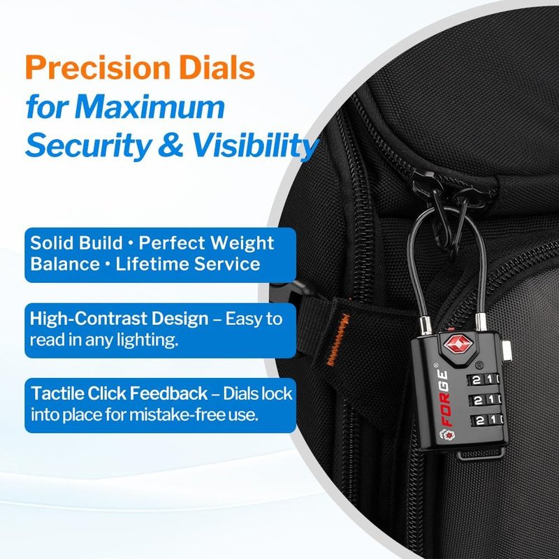 TSA Approved Cable Luggage Locks - Re-settable Combination Alloy Body | 2 Pack, Black