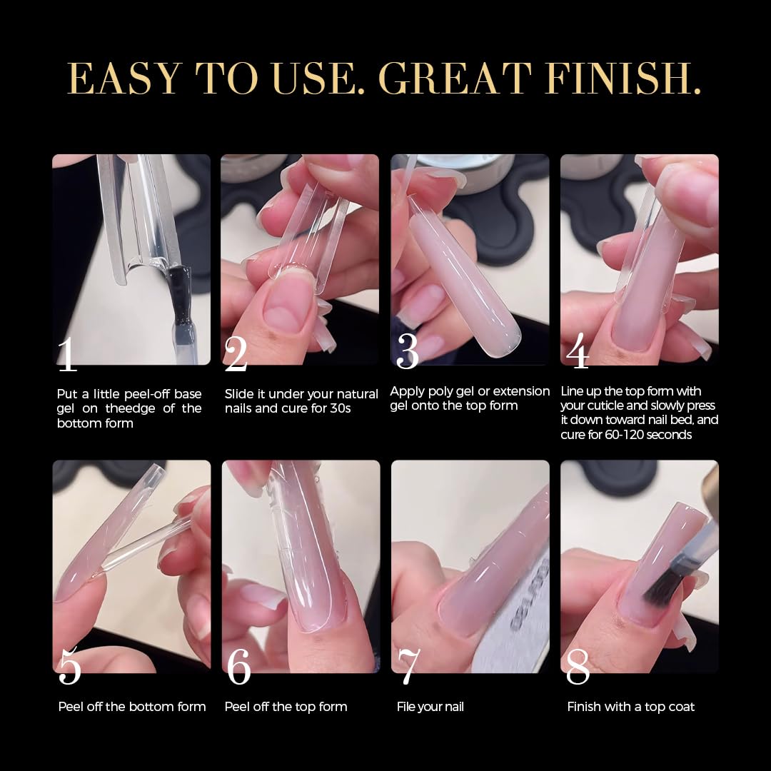 Dual Nail Forms for Quick Extensions - 240 Pcs Clear Plastic Nail Molds | 15 Sizes for Builder Gel, Oval Sandwich