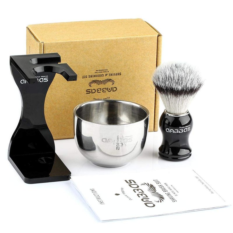 Anbbas Shaving Brush Synthetic Badger Hair with Stainless Steel Shaving Bowl,Black Acrylic Shaving Stand Holer for DE Razor Men Traditional Shave