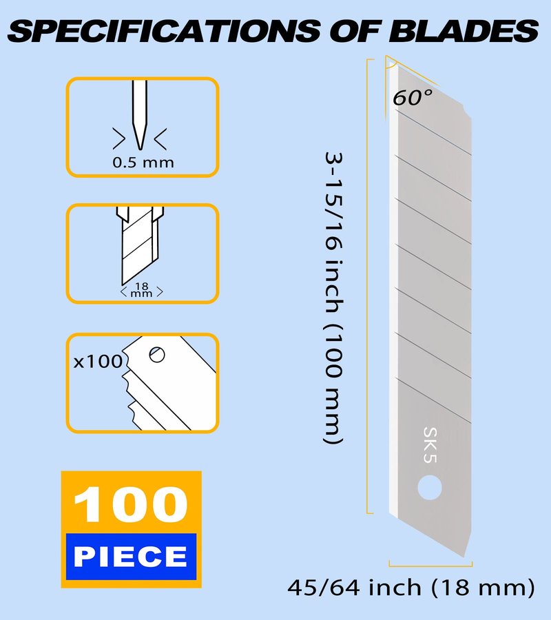 DOWELL 18mm Snap Off Blade SK5 Utility Knife Retractable Blades Box Cutter Blades (100pc)