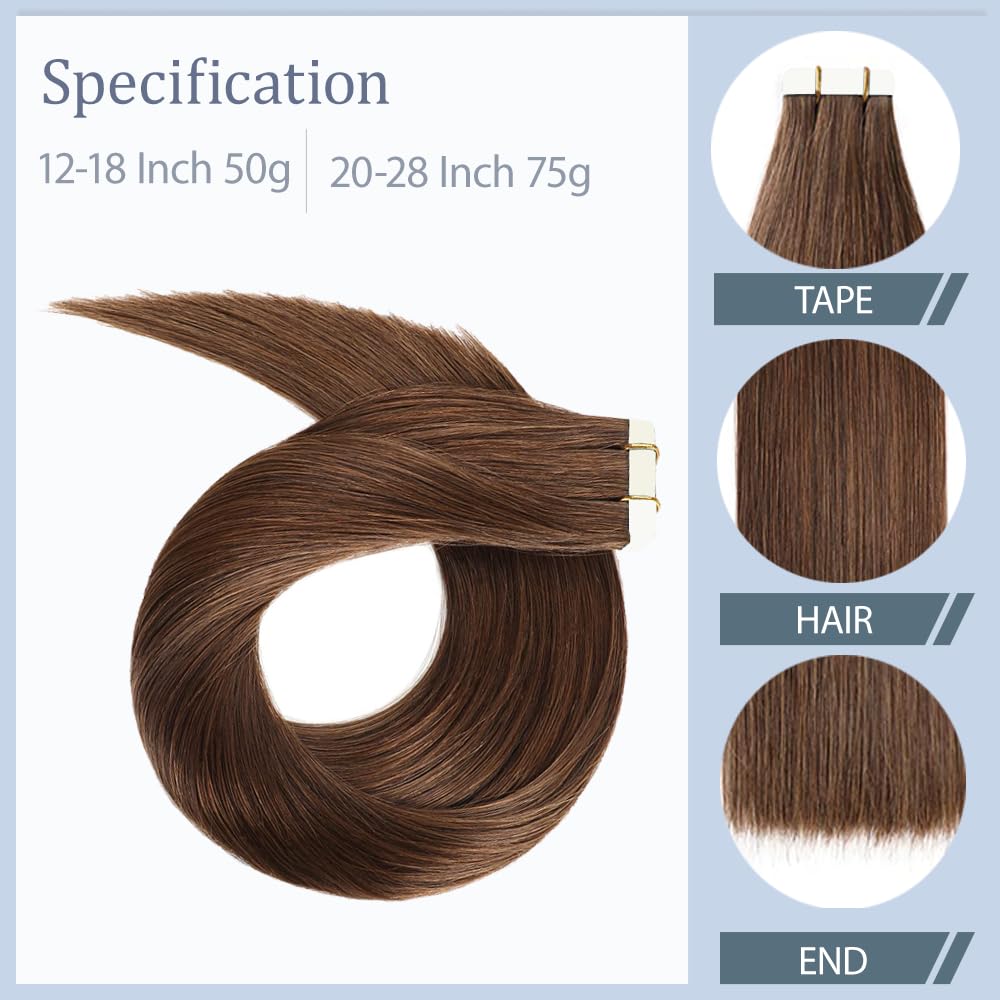Brown Tape In Hair Extensions Human Hair Brown Tape In Human Hair Extensions Color 4 Bundles Seamless Silky Straight Skin Weft Bundles HuxoWax 18 Inch 20/Pcs Total 50g