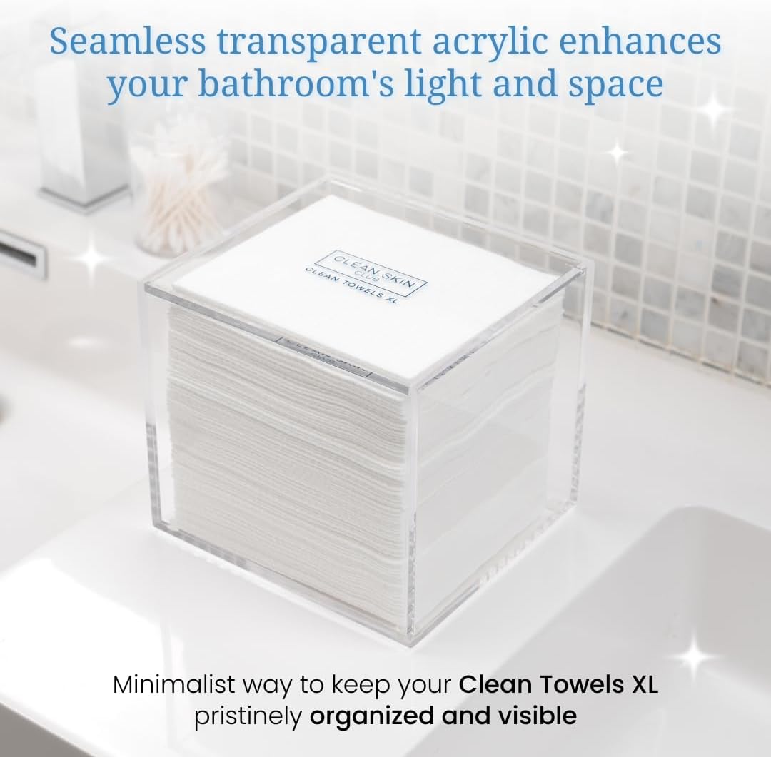 Clear Acrylic Box for Clean Towels - XL Storage Container for 50 Disposable Face Towelettes | Bathroom Counter Organizer