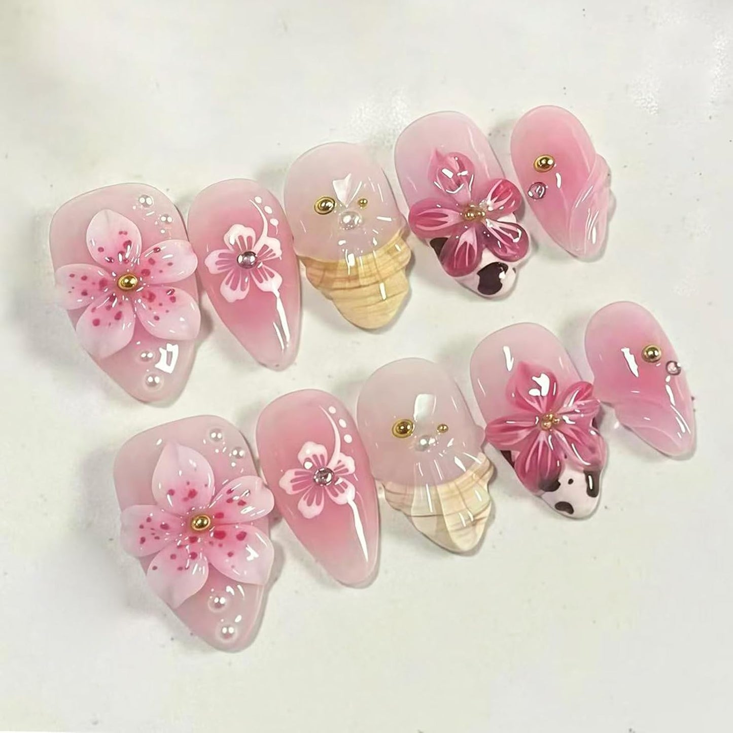Medium Almond Press-On Nails - Floral 3D Design with Pearl Rhinestones | Blue & Pink Glossy Reusable 30 Pcs