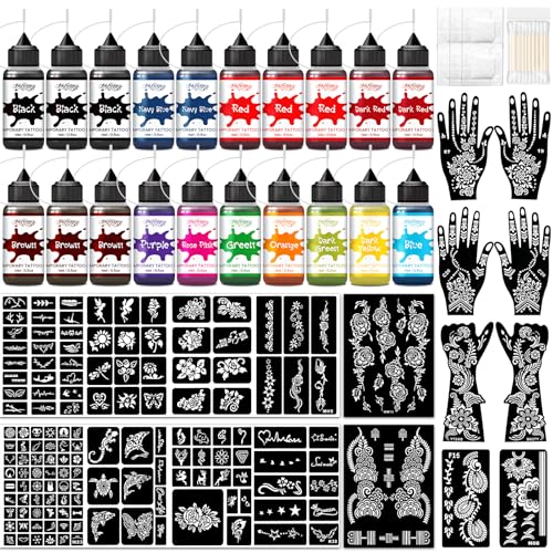 InkForge Temporary Tattoo Ink Kit with 147 Stencils - 20 Bottles, 12 Colors