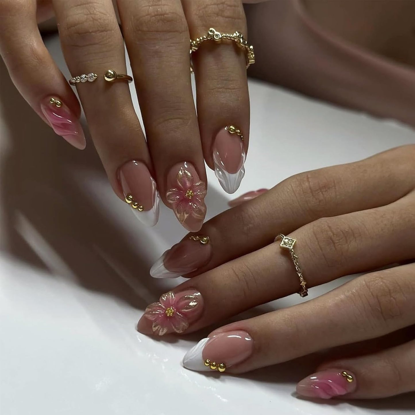 3D Pink Press-On Nails - Almond Medium French Tip with Embossed Flower & Gold Beads | 24 Pcs Glossy Reusable Full Cover Set