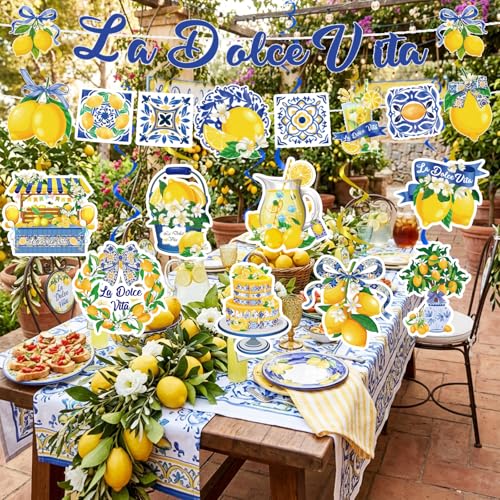 La Dolce Vita Party Decorations Set - 10pcs Lemon Banners & Swirls