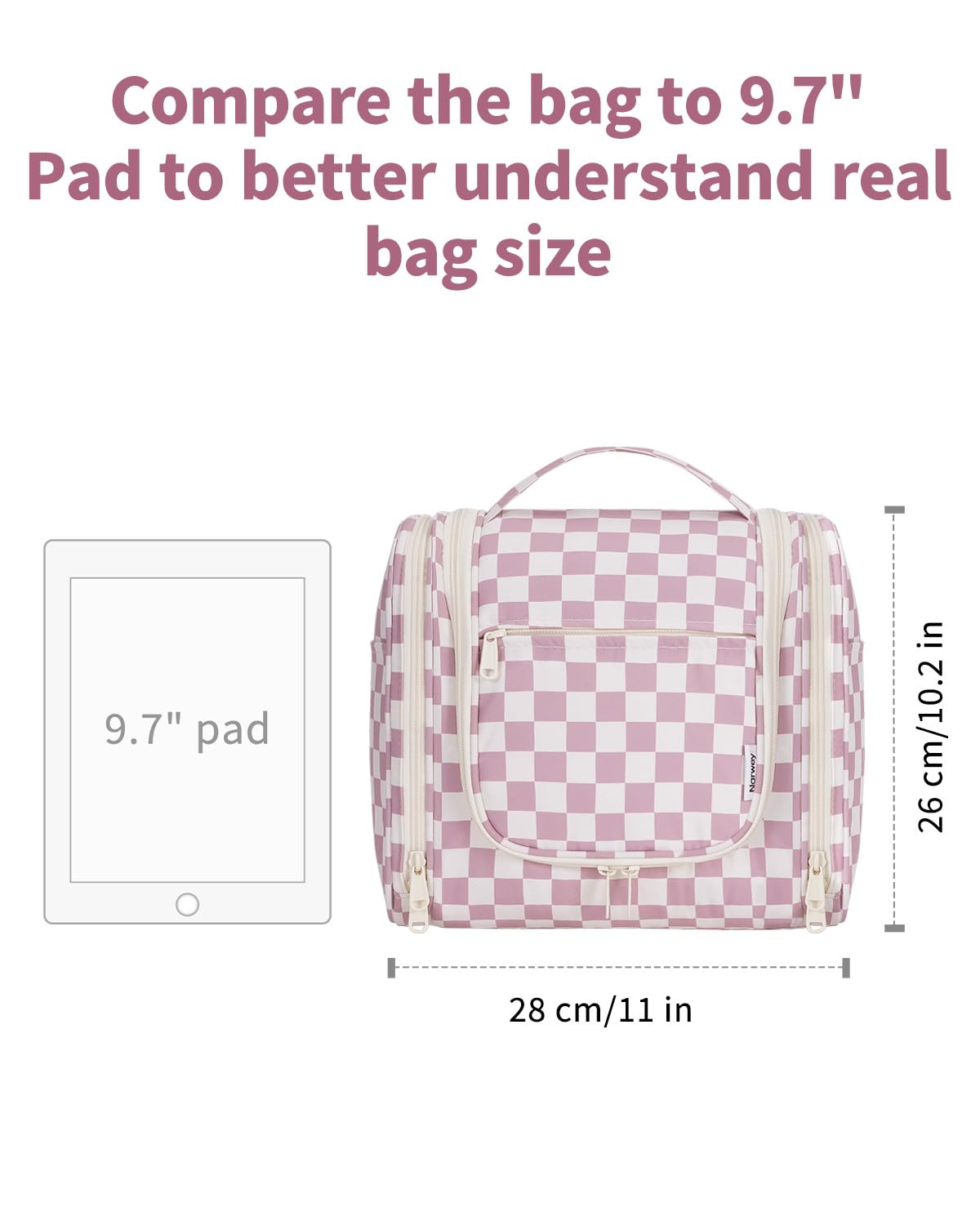 Narwey Large Hanging Toiletry Bag for Women Travel Makeup Bag Organizer Toiletries Bag Dry Wet Separation for Cosmetics Essentials Accessories (Dusty Pink Checkerboard)