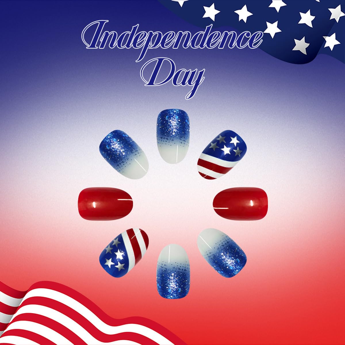 4th of July Press on Nails Medium Oval Patriotic Fake Nails with Star & American Flag Designs,Blue Glitter 4th of July Nails Independence Day Full Cover Stick on Nail for Women Manicure 24Pcs