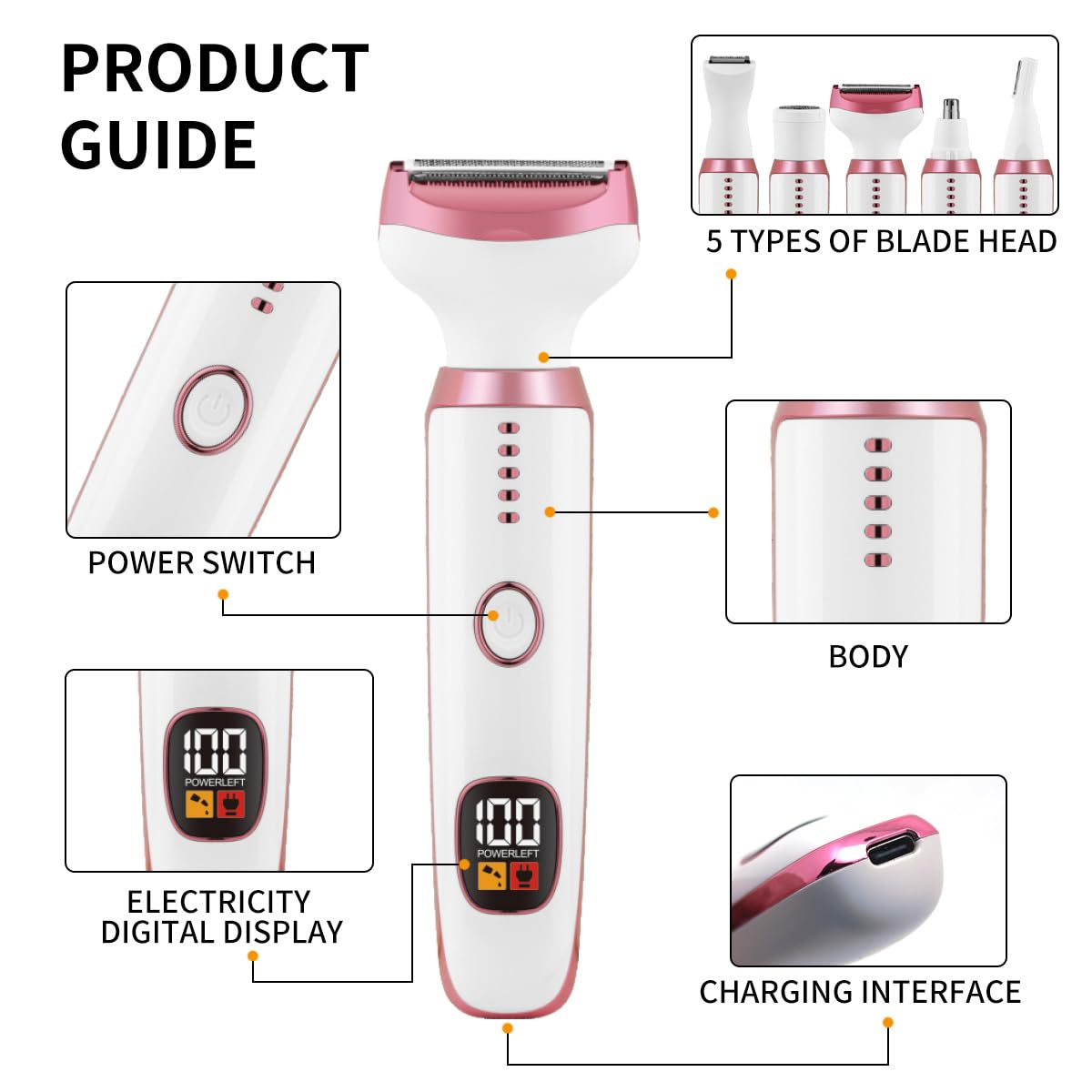 Electric Razors for Women, Bikini Trimmer for Women 5 in 1 Body Shaver for Nose Hair Face Eyebrow Arms Legs Armpit Underarm Pubic Area, Replaceable Lady Facial Razor Painless USB Charge Female Gift