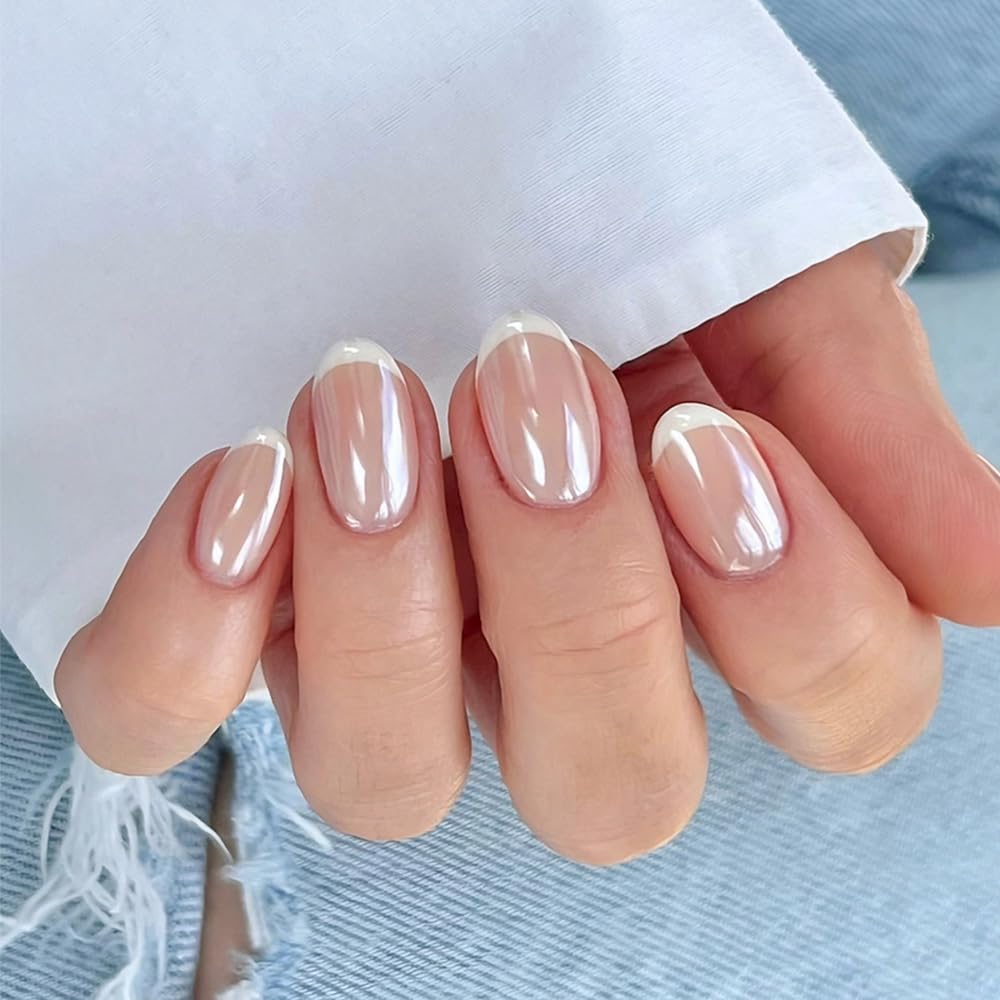 Cat Eye French Tip Press-On Nails - Nude & Pink Short Almond | Reusable Glue-On Nails with Gold Line for Weddings & Parties