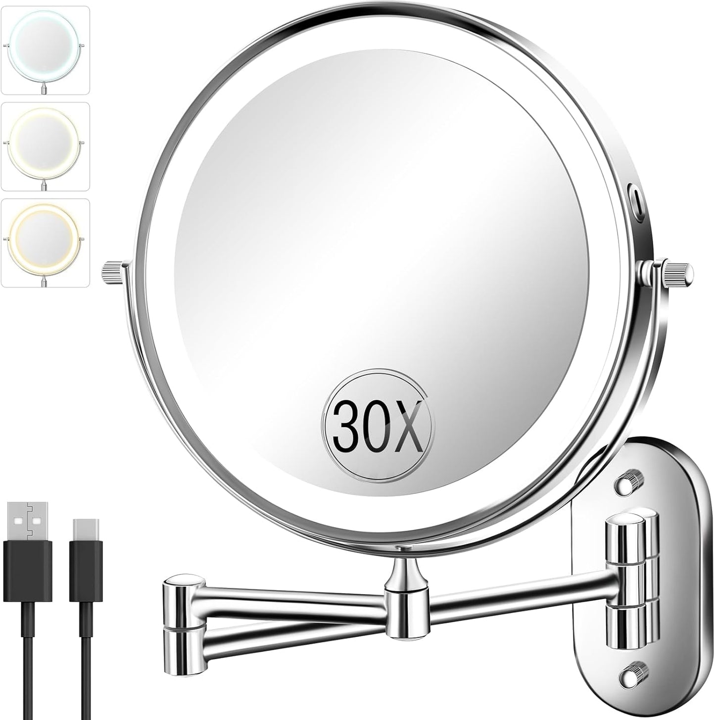 Lighted Makeup Mirror - 30X/1X Double-Sided Rechargeable Magnifying Mirror | 8'' with 3 Color Touch Dimming & 360° Rotation