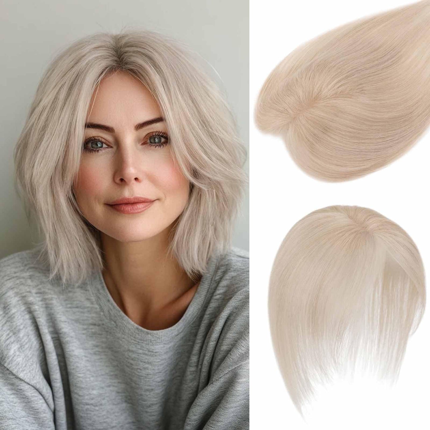 S-noilite Hair Toppers for Women Real Human Hair, Breathable Handmade Base Human Hair Topper no Bangs 360°3D Cover Clip in Middle Part Bangs Grey 12inch