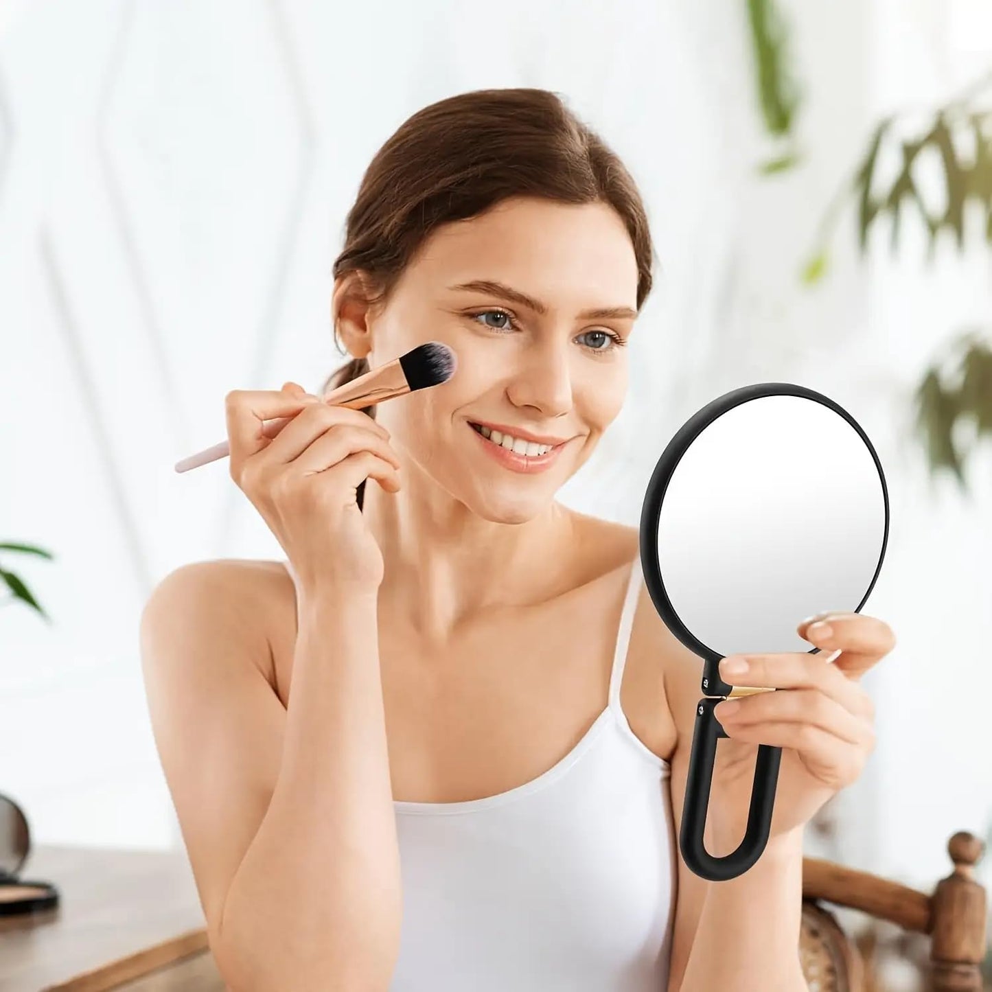 RYPFOEWBN Modern Mirror 3-in-1 Magnifying Glass, Black and Gold, 24cm/9.45inch, 50X Magnification, Handheld/Wall Mount/Tabletop Design, Double-Sided Makeup Mirror with 360° Adjustable Handle