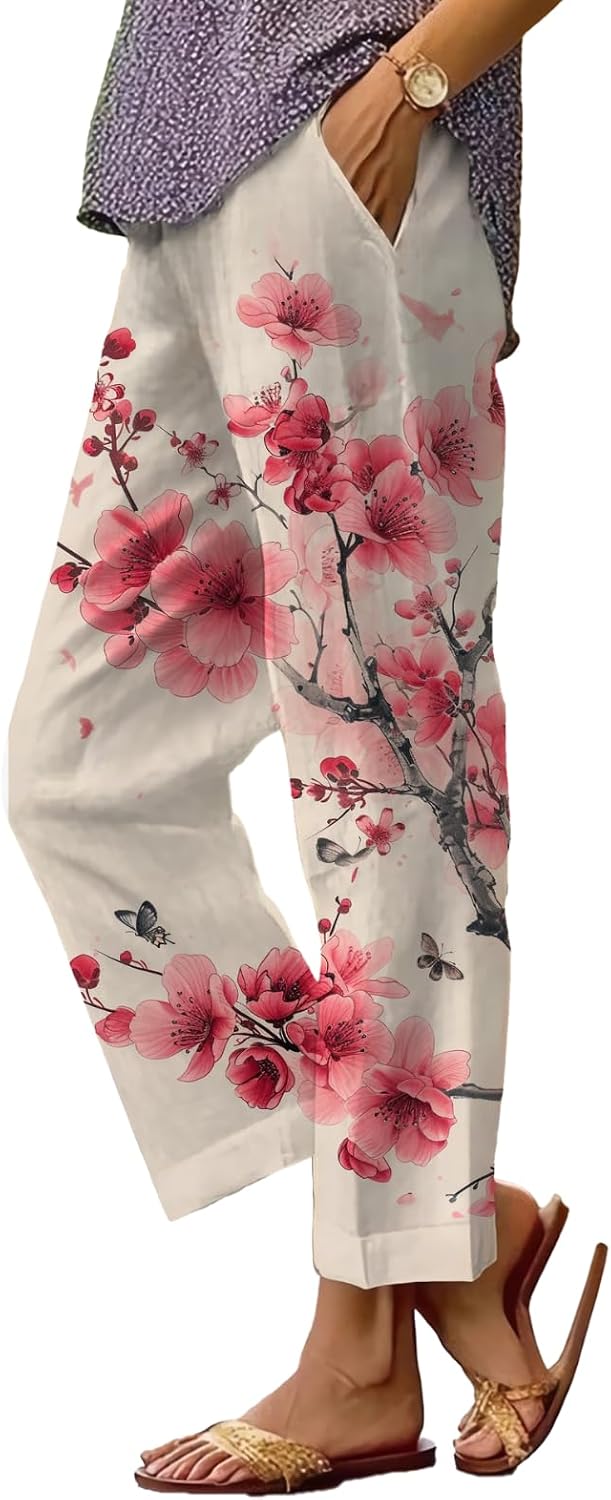 Women's Boho Floral Wide Leg Capris - Elastic Waist, Loose Fit Beach Pants | Casual Summer Trousers