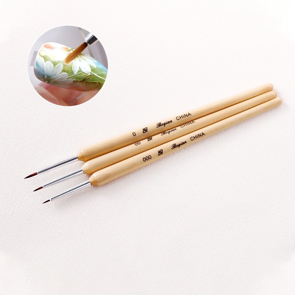 Calyuna Nail Art Liner Brushes, 3 Piece Set with Wooden Handle, for Flower, Petal & Leaves Gel Polish Design Painting