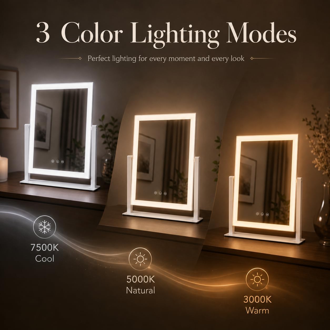 LED Vanity Makeup Mirror - 17.3 Inch with Dimmable Touch Control, 10X/5X Magnifiers & 3 Color Modes | 360° Rotation