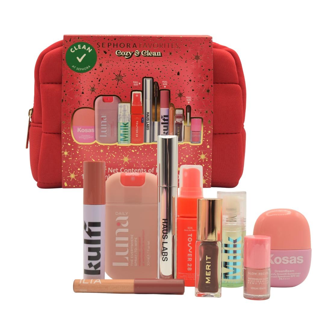 Cozy & Clean Makeup Holiday Gift Set | 9 Clean Beauty Essentials, Lip, Primer, Mascara & Skincare