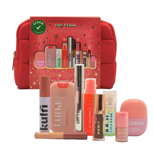 Cozy & Clean Makeup Holiday Gift Set | 9 Clean Beauty Essentials, Lip, Primer, Mascara & Skincare