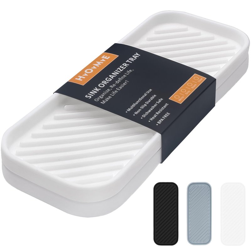 HvOvMvE Silicone Organizer Tray, Soap and Sponge Holder for Kitchen Sink, Bathroom - Storage Tray for Dish Brush, Soap Dispenser, Dishwashing Accessories- 2 Pack (White)