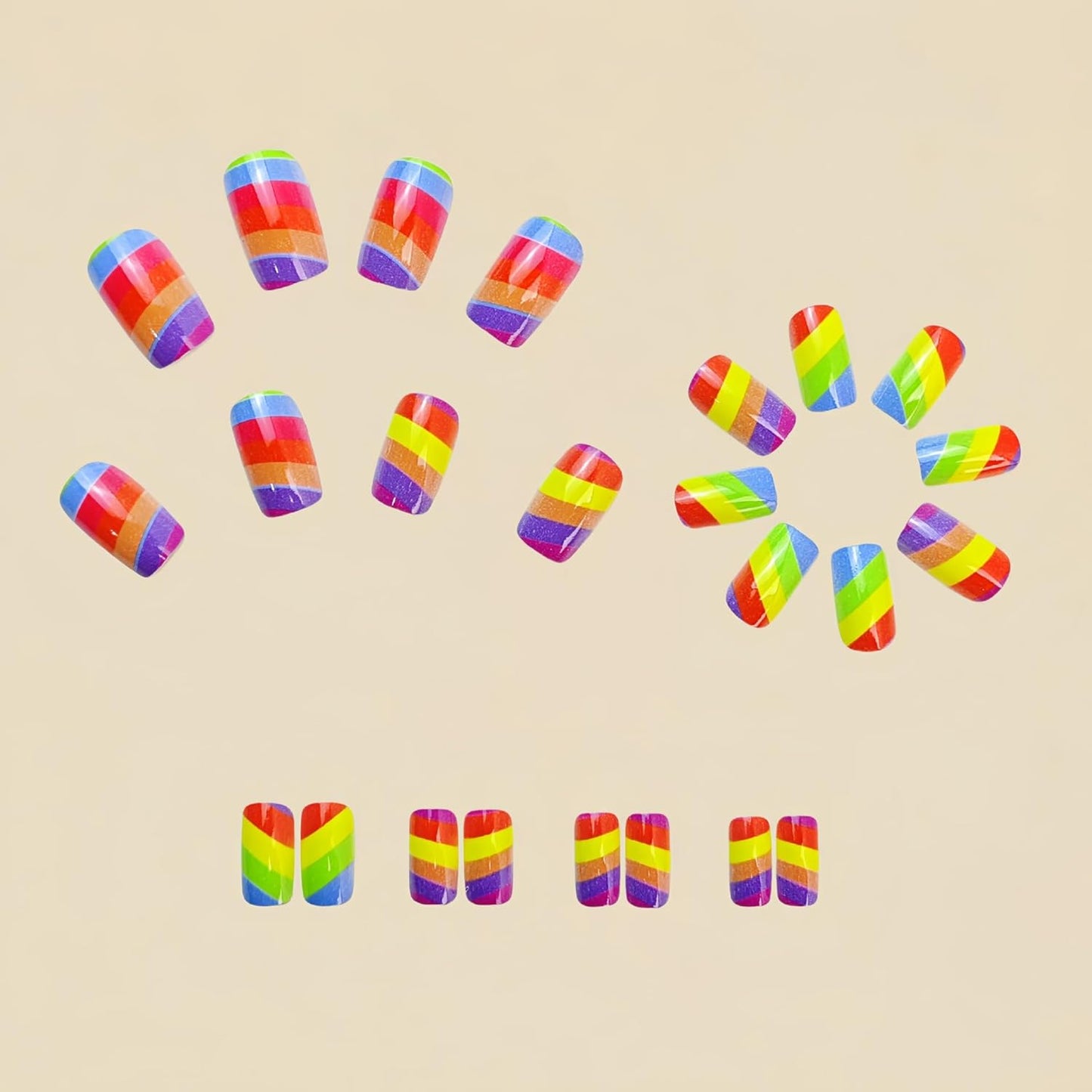 Rainbow Press On Nails - Medium Square Acrylic Nails with Colorful Stripes | 24 Pcs Full Cover Summer Design