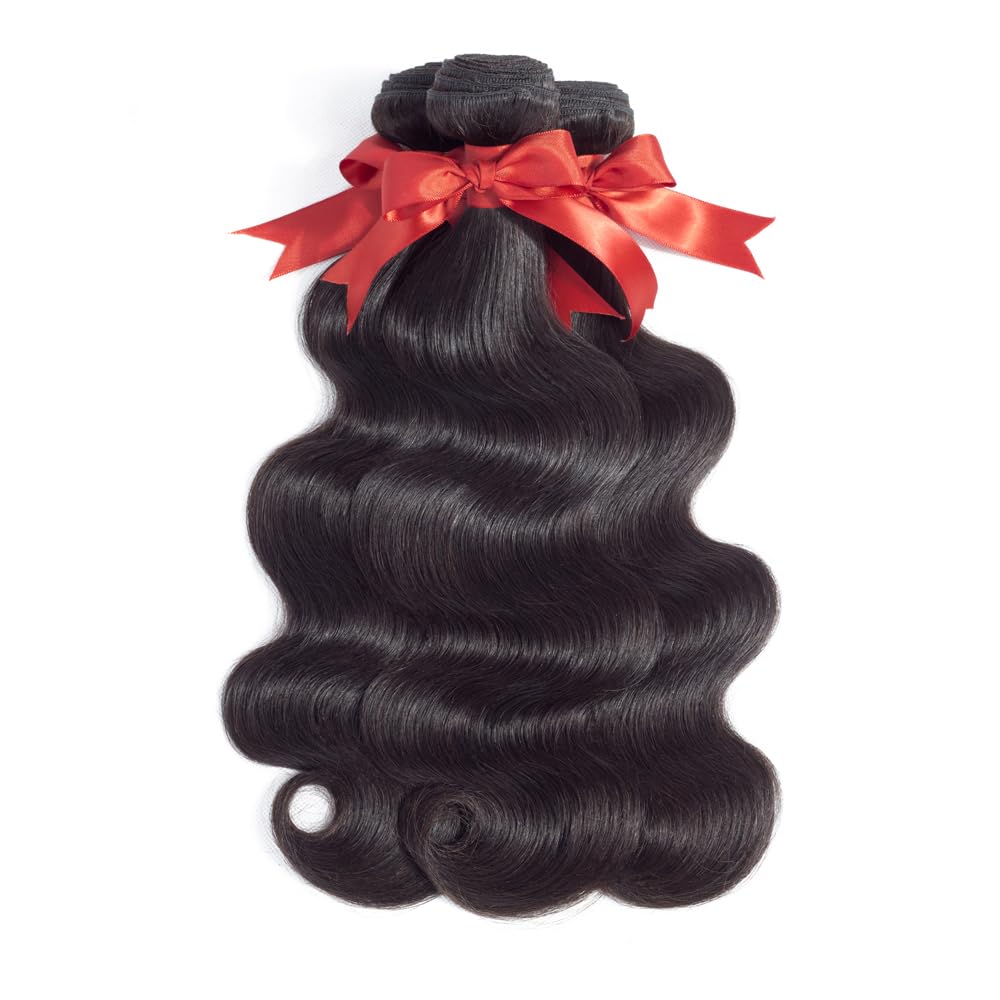 ALLRUN Body Wave Bundles with Closure Human Hair 12 14 16Inch+10Closure Body Weaves 3 Bundles and Closure Free Part 100% Unprocessed Virgin Brazilian Hair Natural Black Color