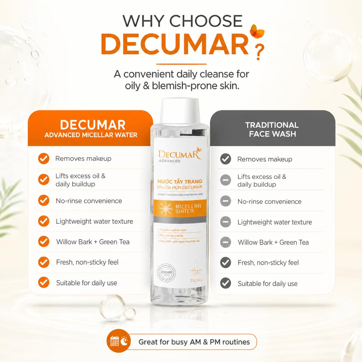 HVSun Decumar Micellar Cleansing Water Makeup Remover, Gentle No-Rinse Facial Cleanser with Green Tea & Willow Bark, for Oily & Blemish-Prone Skin, 250 mL / 8.45 fl oz