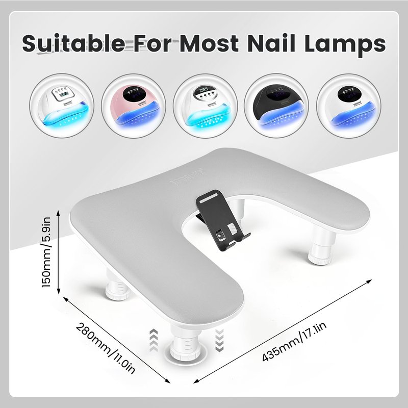 JODSONE Gray U-Shaped Arm Rest for Nails Tech with Rotating Built-In Phone Holder and Adjustable Nail Arm Rest Detachable Manicure Hand Rest for Salon Design