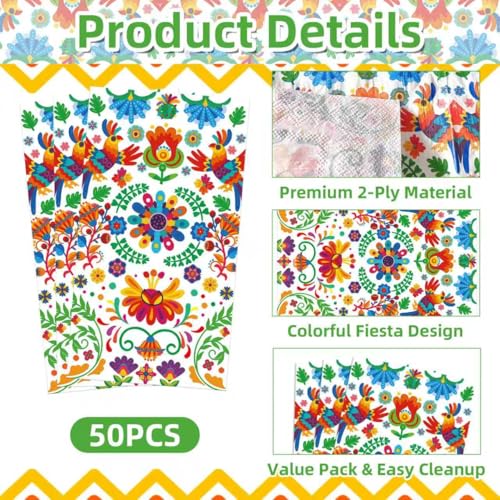 Mexican Fiesta Paper Napkins - Pack of 50, Colorful Floral Design, 13x15.7 Inches