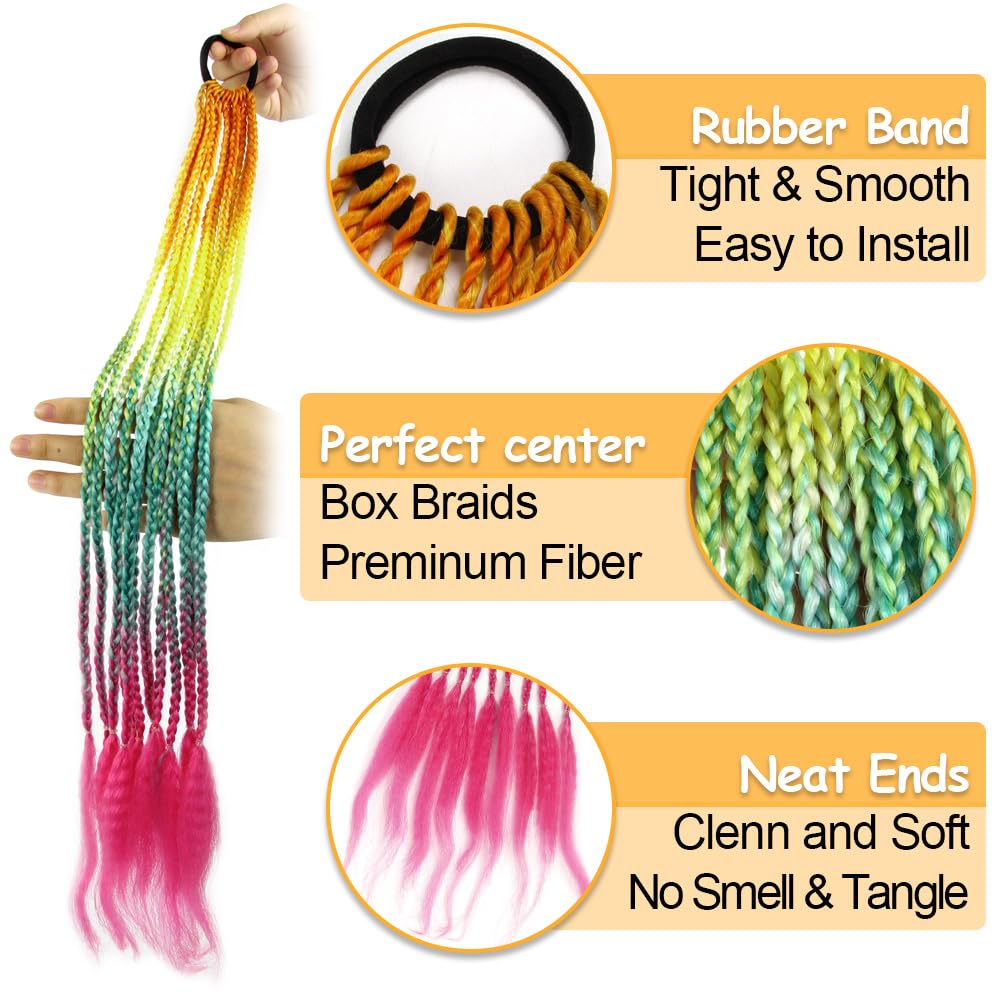 CISINPO 2PCS Rainbow Hair Extensions Braided Ponytail Gradient 24 Inch